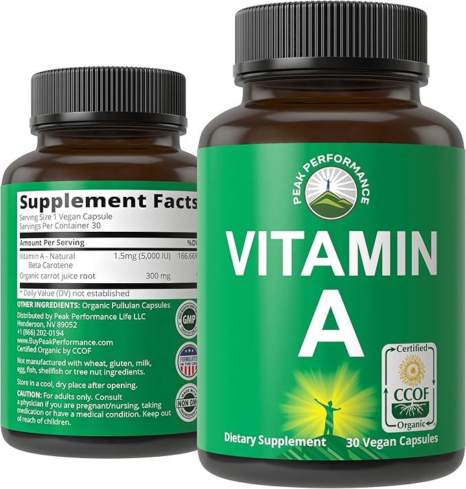 Certified Organic Vitamin A 5000 IU Supplement Capsules - High Potency Vitamins - for Adults Men Women Kids - Made with Carrot Juice - Great for Immune Skin Eye Support - Non GMO Vegan Pills