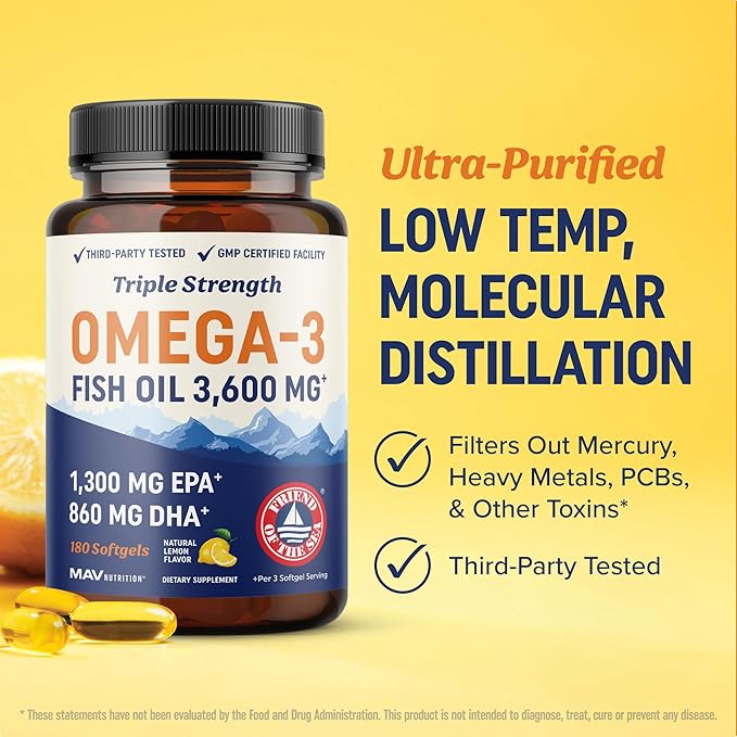 Triple Strength Omega 3 Fish Oil 3600 mg | EPA &amp DHA | Over 2100mg Omega-3 Fatty Acids | 1300mg EPA + 860mg DHA | Best Essential Fatty Acids | Premium Wild Caught &amp Burpless Fish Oil | 180 Ct