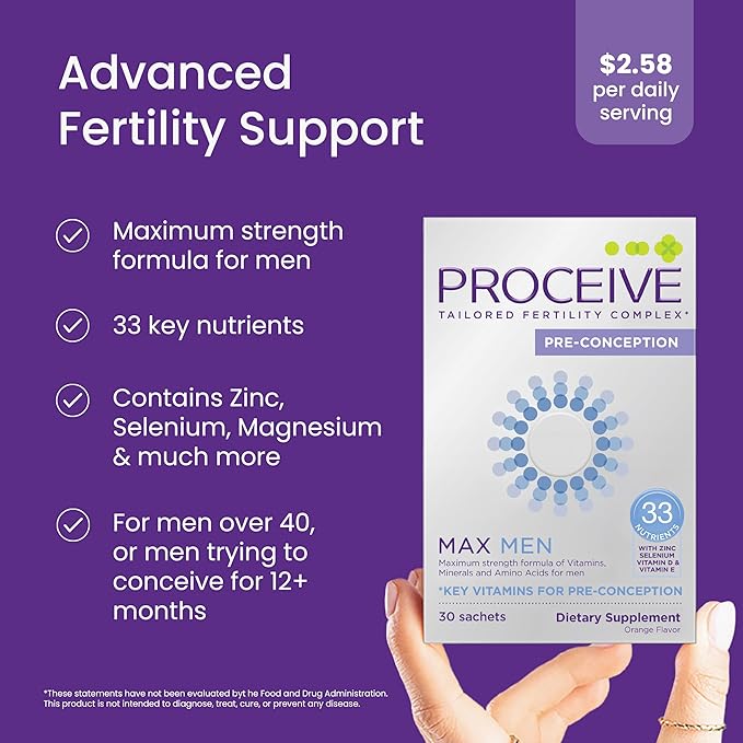 Proceive Max Tailored Fertility Supplement for Men Pre Conception Vitamins Minerals and Amino Acids with Vitamin D Zinc Selenium and Vitamin E 30 Vegan Drink Mix Packets Orange Flavor
