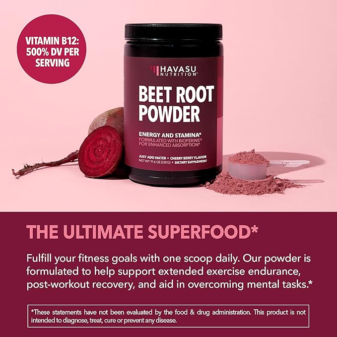 Organic Beet Root Powder with Vitamin B12 &amp Coryceps - Nitric Oxide Supplement - Beetroot Powder for Energy &amp Post Workout Recovery - Mix with Water or Smoothies Cherry Berry Flavor - 30 Serv