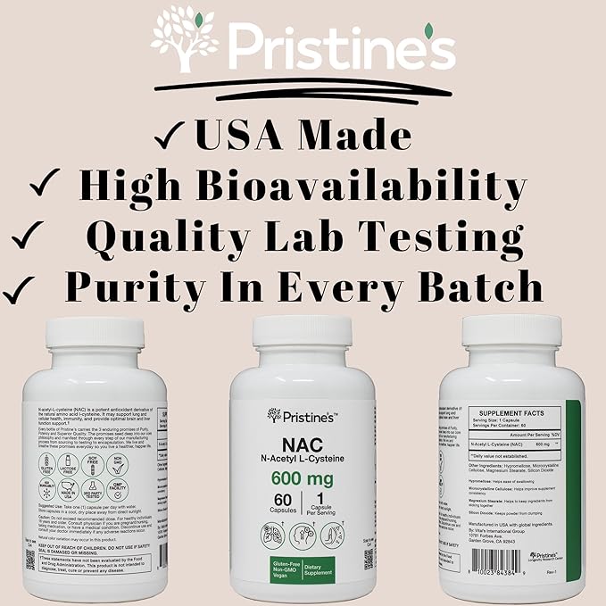 PRISTINE'S N-Acetyl L-Cysteine (NAC) 600MG (2 Pack) Immunity Support Supplement - 120-Day Supply - Potent Lung &amp Liver Antioxidant Supplement Capsules - Mood Support - Vegan Glutern Free Non GMO