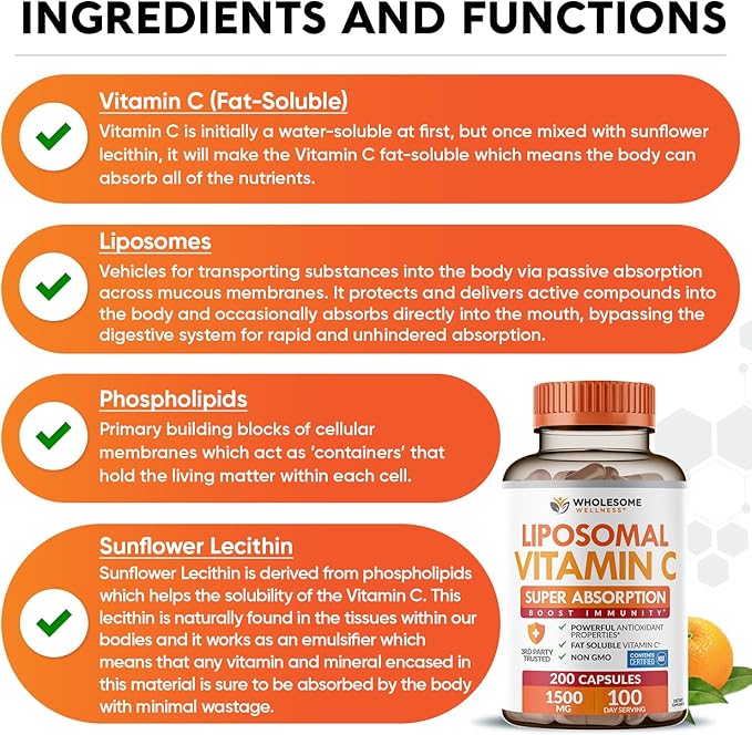 Wholesome Wellness Liposomal Vitamin C Capsules (200 Pills 1500mg Buffered) High Absorption Immune System &amp Collagen Booster High Dose Fat Soluble Immunity Support Ascorbic Acid Natural Vegan