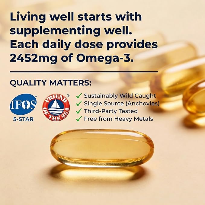 AQUAOMEGA 3X Extra Strength Omega-3 Fish Oil for Heart Brain &amp Immune Support 1636mg EPA 544mg DHA + Vitamin D3 Full Natural Triglyceride Form Wild Caught IFOS 5-Star Certified (120 Softgels