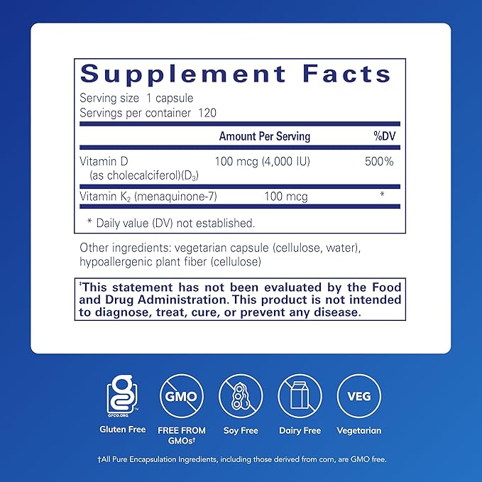 Pure Encapsulations Vitamin D3 &amp K2 - Bone &amp Vascular Health Support - Immune Function Support* - Gluten Free - Non-GMO - 120 Capsules