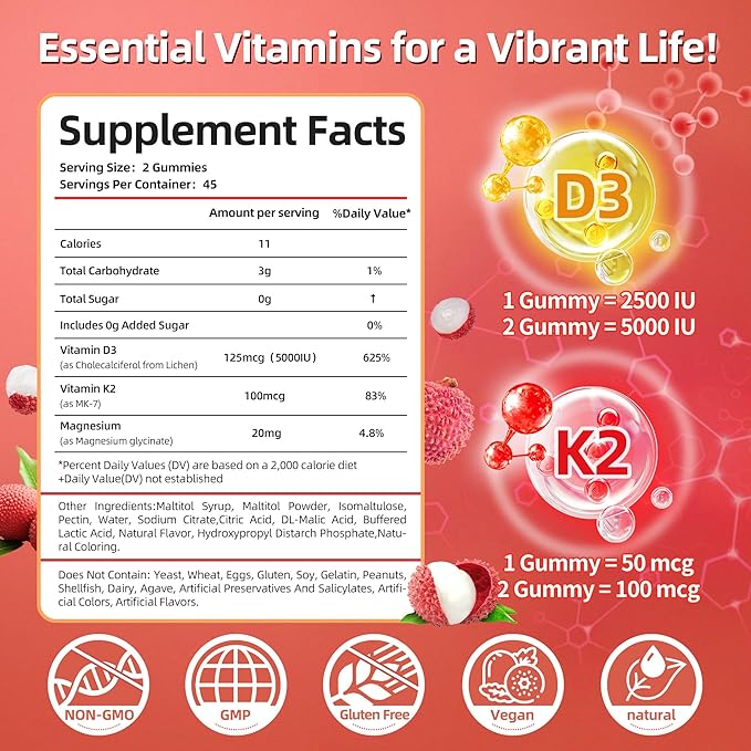 Vitamin D3 K2 Gummies w/Magnesium Sugar Free - 90 Count | D3 Vitamin 5000 IU + K2(MK-7) 100 mcg - Vegan K2 D3 Vitamin Supplement Highly Absorbent Supports Bone Muscle Mood &amp Immune(Lychee Flav