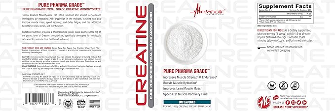 Metabolic Nutrition Creatine Monohydrate Powder 5g Unflavored for Men &amp Women - Gym Workout Nutritional Supplements for Muscle Gain Brain Health &amp Strength Building 1000g
