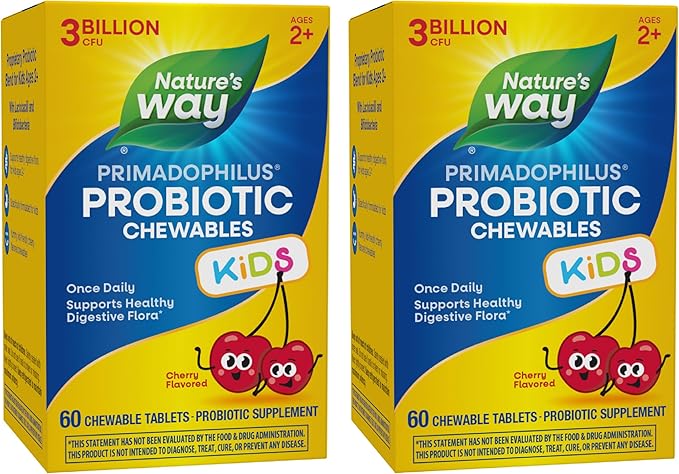 Nature's Way Primadophilus Probiotic Kids - Once Daily - 3 Billion CFU - Children's Probiotic for Digestive Flora Support* - Cherry Flavored - 60 Chewables (Pack of 2)