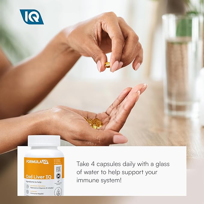 Formula IQ - Cod Liver IQ - Cod Liver Oil Softgels - Natural Source of Vitamins A &amp D and Omega-3 Fatty Acids - Heart Liver &amp Immune Health - 100 Softgels