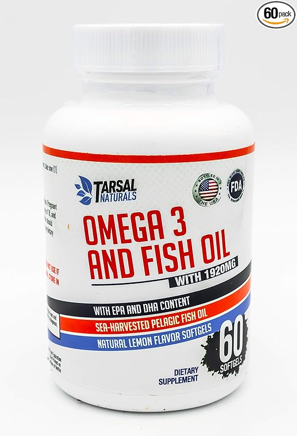 Fish Oil and Omega 3 60 Capsules Natural Pure harvested Fish Oil Support EPA and DHA Helps Brain Heart Joint Flexibility and Nerves Made in USA Gluten Free FDA Registered Facility