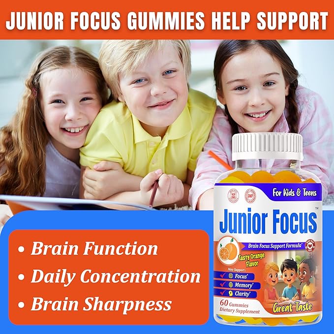 Focus Gummies for Kids and Teens – Kids Omega 3 Brain Support Gummies Vitamins for Kids – Brain Focus Supplements Kids Vitamin Gummies – Orange Flavor 60 Gummy Vitamins for Teens