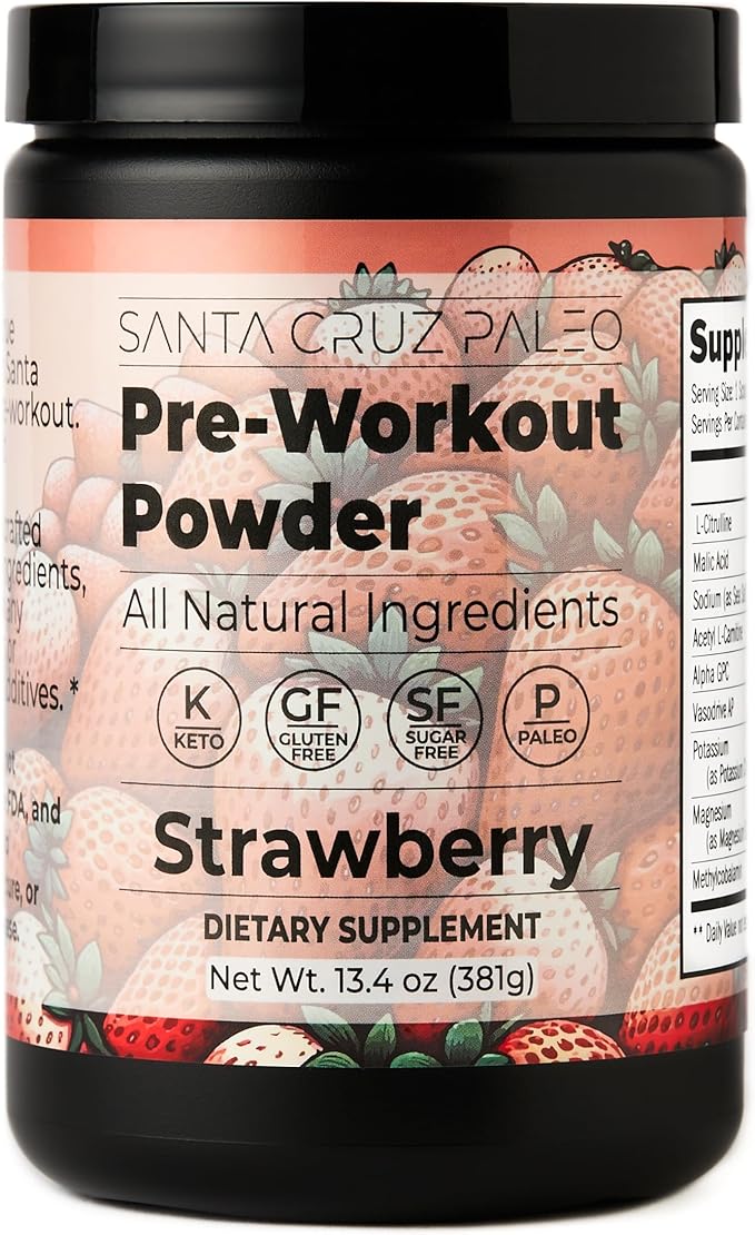 Santa Cruz Paleo Pre Workout Powder Electrolytes Magnesium Potassium Sea Salt &amp L Citrulline Caffeine &amp Sugar Free Preworkout Drink Mix for Energy &amp Hydration Strawberry Flavor 30 Se