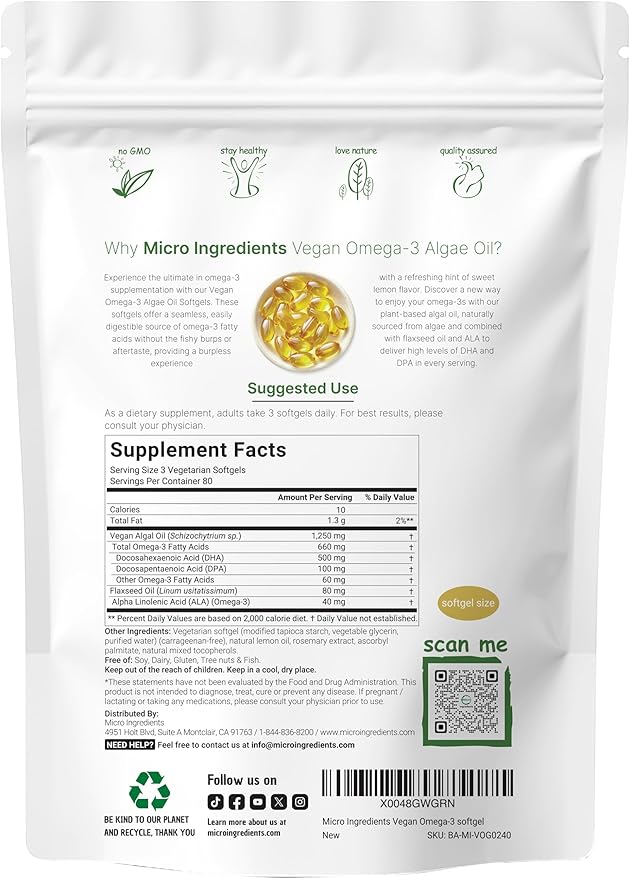 Micro Ingredients Vegan Omega 3 Algae Oil 240 Veggie Softgels | Fish Oil Alternative | DHA 500mg &amp DPA 100mg | Carrageenan Free | Plant-Based Omega 3 with Flaxseed &amp ALA | Lemon Flavored