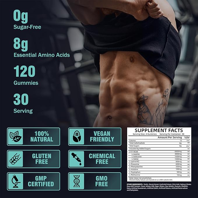 VIFSSG EAA Gummies 120 Gummies (Blue Raspberry) Essential Amino Acids - All 9 Essential Aminos (EAA) and All Branched-Chain Aminos (BCAAs) Non-GMO Gluten Free Vegetarian Friendly