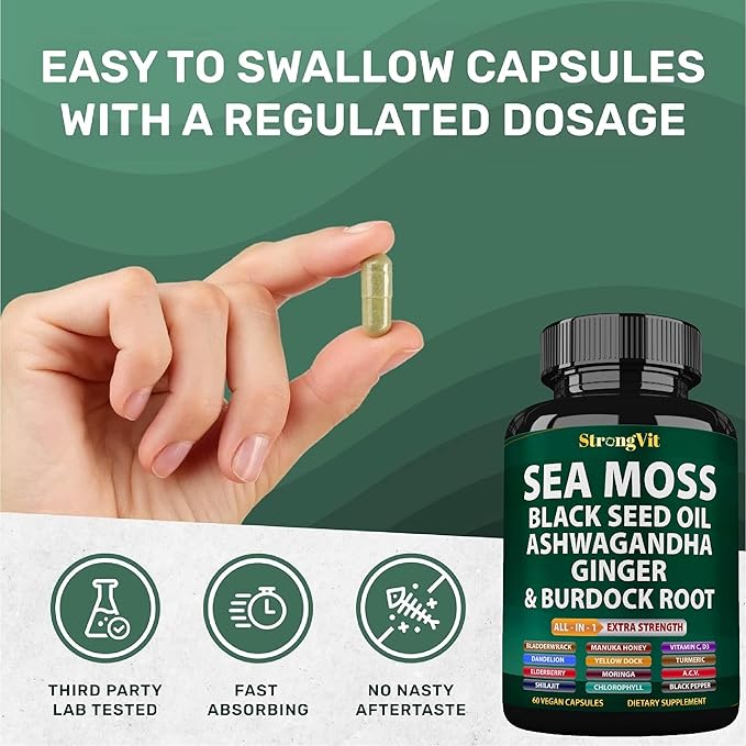 Sea Moss Black Seed Oil Ashwagandha Ginger Organic Sea Moss Capsules with Burdock Root Irish Seamoss Pills with Bladderwrack Turmeric Shilajit Multimineral Supplement USA (120 Capsules)