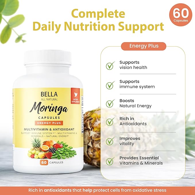 Bella All Natural Moringa Capsules 60 Count - Moringa Oleifera Leaf Supplement with Pomegranate &amp Elderberry Flavor Pure Organic Moringa Capsules for Immune Energy &amp Skin Health Support