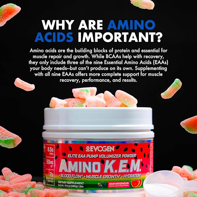 Evogen Amino K.E.M. - EAA &amp BCAA Powder Pump Volumizer | BCAAs Amino Acids Supplement for Blood Flow Muscle Growth &amp Hydration | Sour Watermelon | 30 Servings