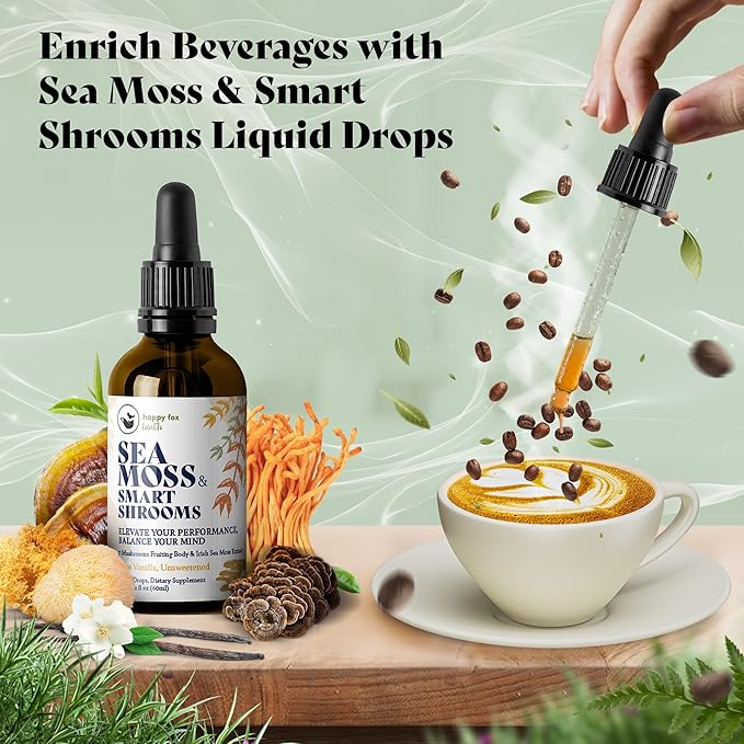 HAPPY FOX Irish Sea Moss Liquid Drops &amp Mushroom Tincture - Seamoss with 7 Adaptogenic Mushroom Extracts for Cognitive Support &amp Gut Health Mushroom Coffee Elixir Pure Vanilla Flavor