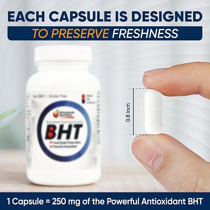 Wholesale Nutrition BHT - 250mg Potent Antioxidant - Non-GMO Gluten-Free - Enhance Oil/Fat Preservation - Pure Butylated Hydroxytoluene for Foods/Oils - 180 Capsules