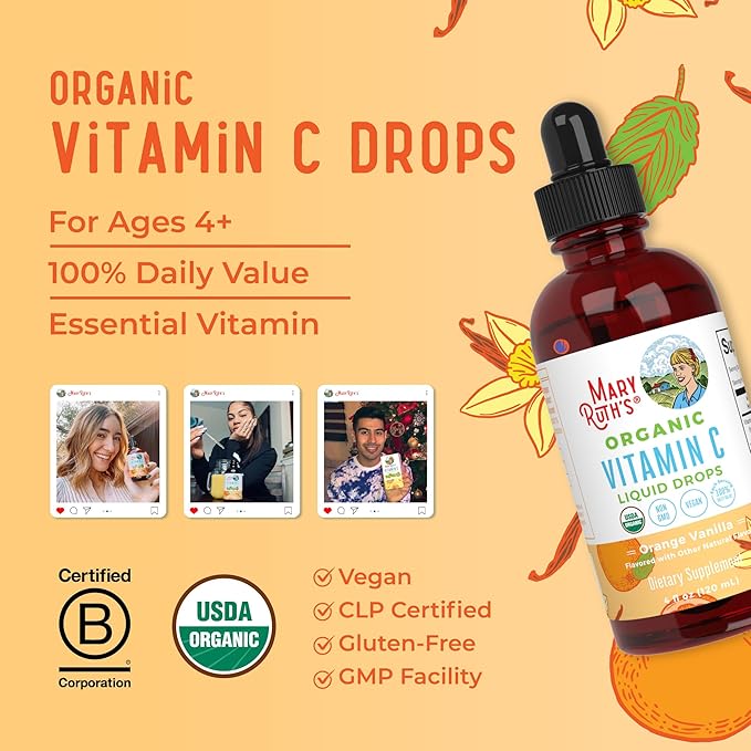 MARYRUTH'S Organic Vitamin C Supplement | Liquid Vitamin C Liquid Drops for Adults &amp Kids | Immune Support Supplement for Overall Health | Vegan | Non-GMO | Gluten Free | 4 Fl Oz