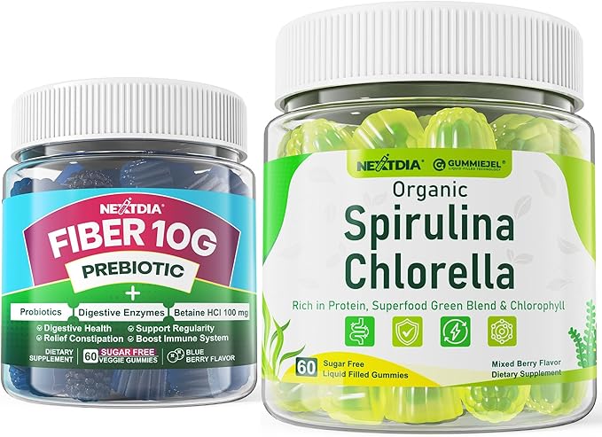 Sugar Free Spirulina Chlorella Gummies 1 Pack + Fiber Gummies 2 Pack