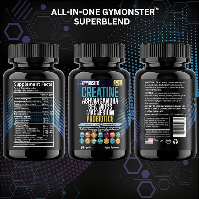 Creatine All in One Supplement Capsules – Ashwagandha – Sea Moss – Magnesium – Probiotics