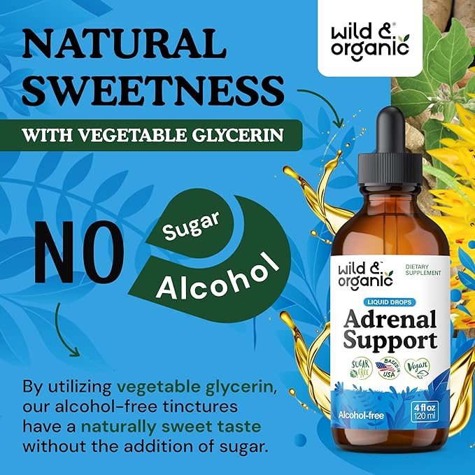 Wild &amp Organic Adrenal Support Supplements - Mood &amp Energy Support - Ashwagandha &amp Rhodiola Rosea Extract Complex for Women &amp Men - Add to Tea Liquid Drops - Vegan No Sugar &amp Alco