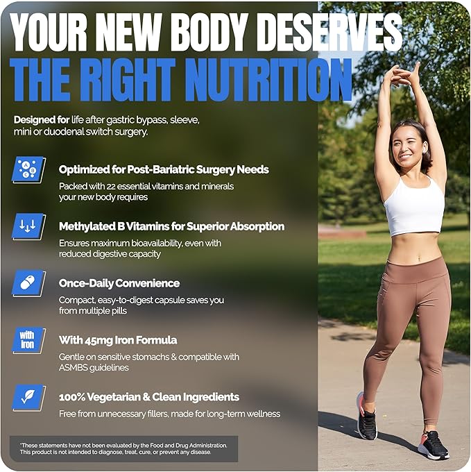 Shiny Leaf Methylated Bariatric Multivitamin with Iron 45mg – Once Daily Capsule Made in USA ASMBS Compliant Bariatric Vitamins for Gastric Bypass &amp Gastric Sleeve for Men &amp Women – (180 Co