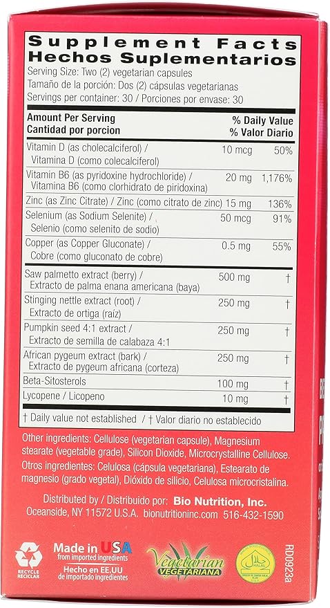 Bio Nutrition Prostate Wellness with Pumpkin Seed Extract Gluten Free 60 Veggie Capsules (Pack of 3)