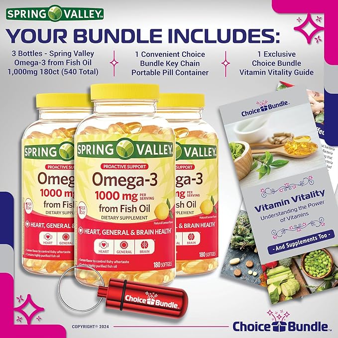 Choice Bundle Spring Valley Proactive Support Omega-3 Fish Oil Soft Gels 1000 mg 180 Ct 3 pk (540 Total) + Vitamin Guide &amp Pill Container (5 Items)!