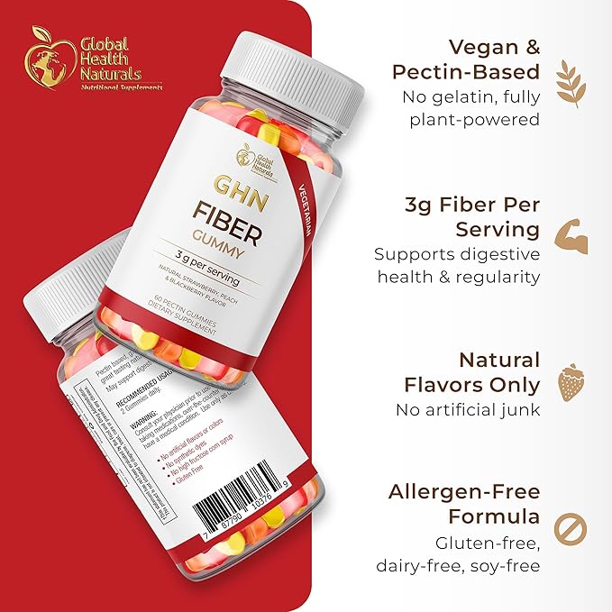 Vegan Fiber Gummies for Adults – 3g Prebiotic Fiber from Inulin per Serving – Natural Strawberry Peach &amp Blackberry Flavors – Non-GMO Gluten-Free Gelatin-Free – 30 Servings