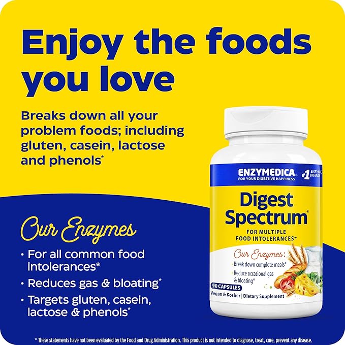 Enzymedica Digest Spectrum Advanced Digestive Enzymes for Women and Men Supports Digestion and Multiple Food Intolerances Fast-Acting Formula for Gas and Bloating Relief 90 Capsules