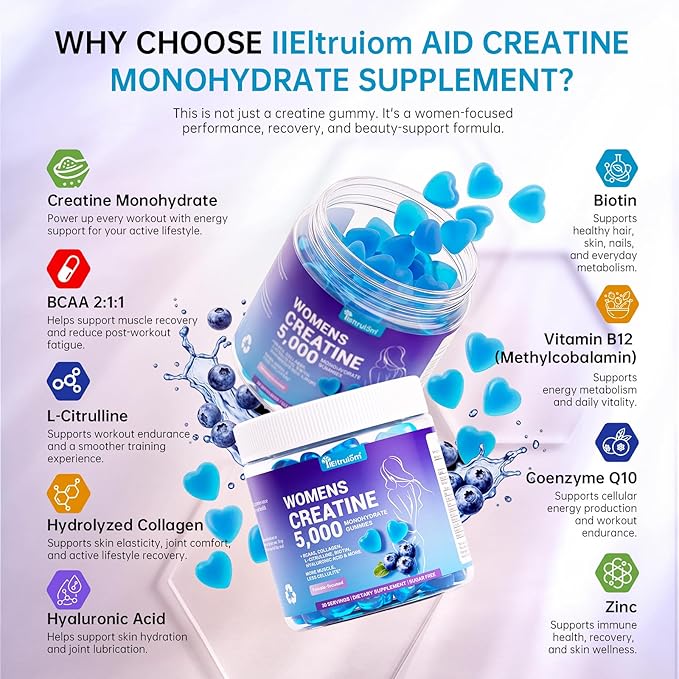 Creatine Gummies for Women 5000mg – Sugar Free Creatine Monohydrate Chews for Strength Lean Muscle &amp Recovery with Collagen &amp BCAA Pre Workout Supplement 90 Gummies