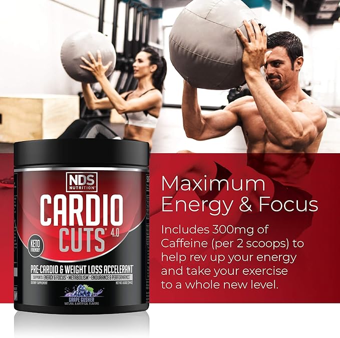 Cardio Cuts NDS Nutrition 4.0 Pre Workout Supplement - Advanced Weight Loss and Pre Cardio Formula with L-Carnitine CLA MCTs L-Glutamine and Safflower Oil - Grape (40 Servings)