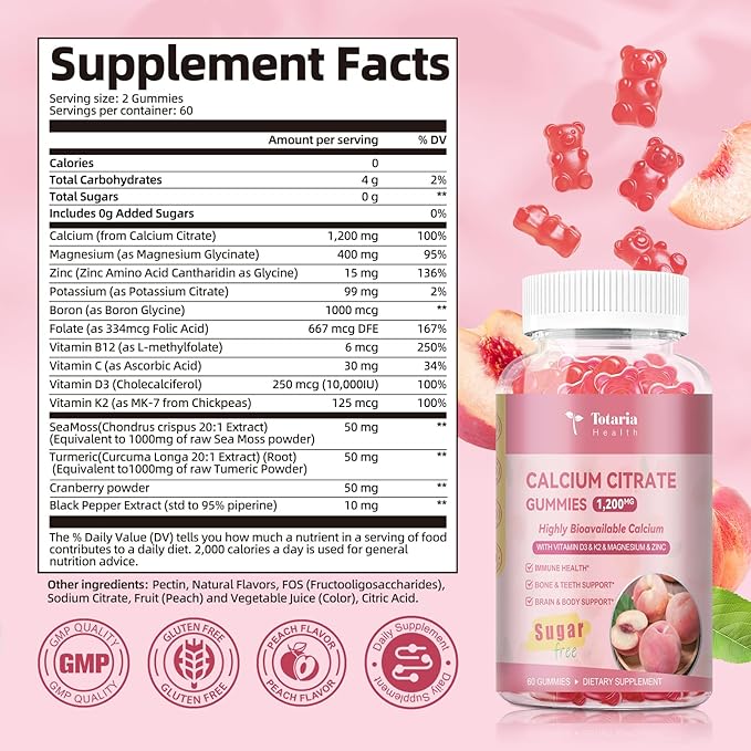 2 Pack Calcium Citrate Gummies 1200 mg - Calcium Supplements for Women with Vitamin D3 &amp K2MagnesiumZinc - Sugar Free Calcium Gummies for Bone &amp Teeth &amp Immune Support- Peach Flavor