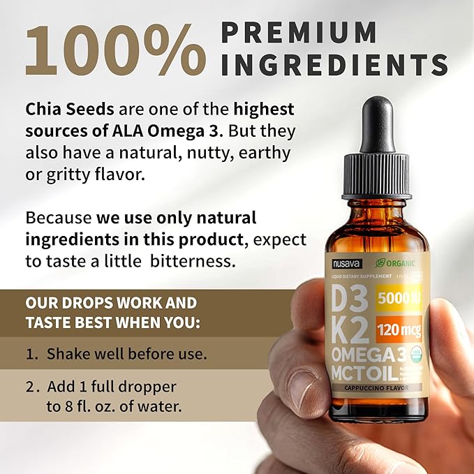 (2 Pack) Organic Vitamin D3 K2 Drops with MCT Oil Omega 3 5000 IU Maximum Strength Vitamin D Liquid No Fillers Non-GMO Liquid D3 for Faster Absorption Immune Support (Cappuccino Flavor 2 Fl Oz)