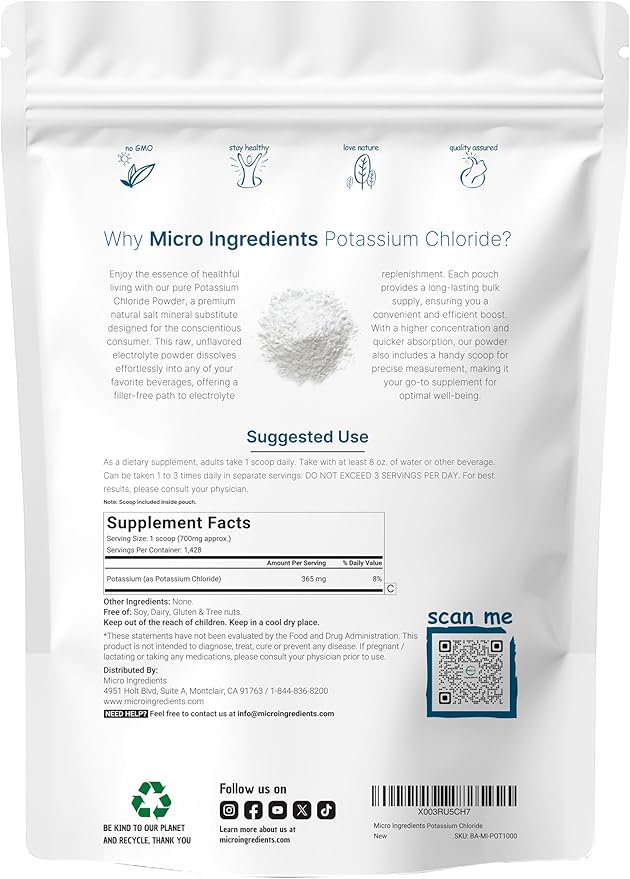 Potassium Chloride Powder 1 KG (35 Ounce) | Salt Substitute &amp Essential Hydration Electrolyte Supplement | Supports Mineral Balance Heart Joint and Immune Health | Filler Free Dissolves Easil