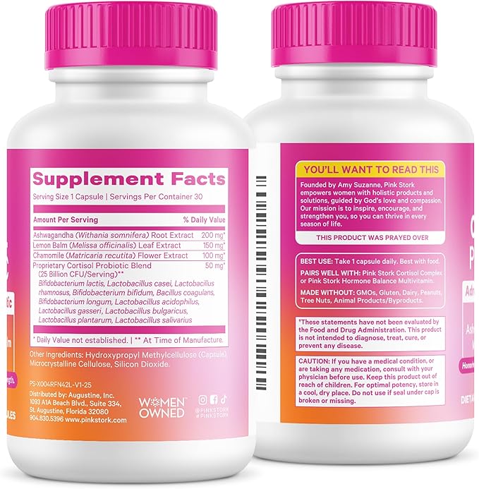 Pink Stork Cortisol Probiotic for Women – Mood and Adrenal Support Supplement – Ashwagandha Lemon Balm Chamomile 25 Billion CFU – Gut Health Energy Focus – Lower Cortisol – 30 Capsules