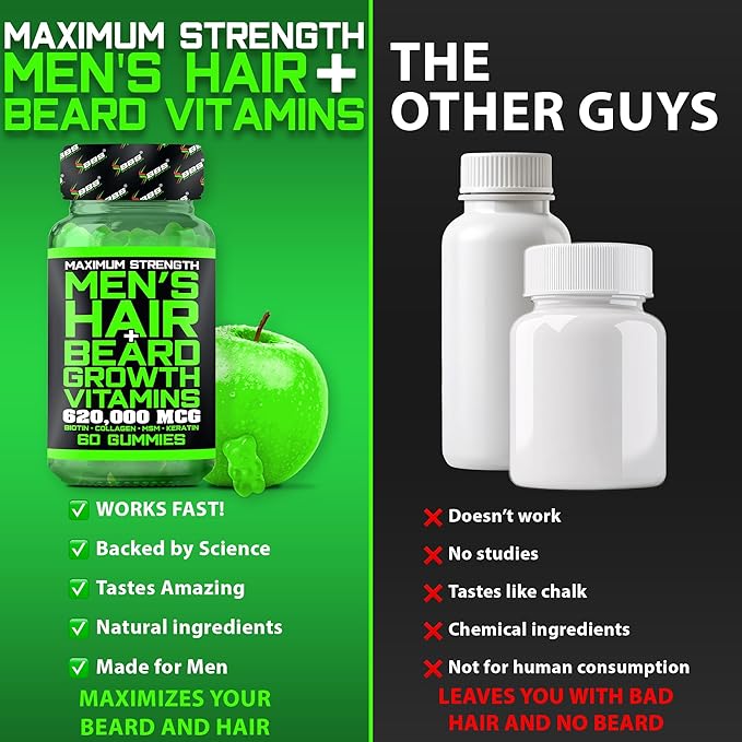 Best Beard Stuff Beard Growth Vitamins - Biotin Gummies for Beard &amp Hair Growth – Maximum Strength 620000mcg Biotin with Collagen MSM Keratin &amp Bamboo Extract
