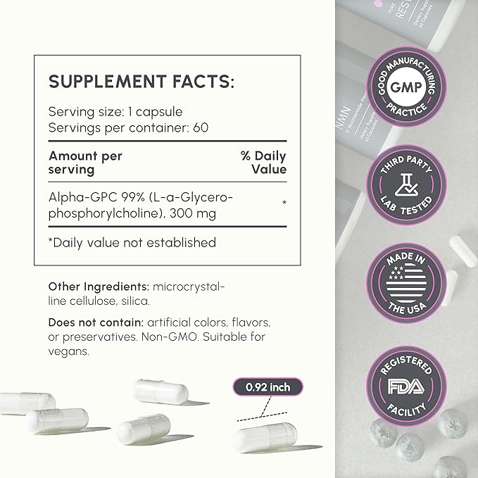 Alpha GPC 300mg - High Purity Choline Supplement for Focus Memory &amp Cognitive Performance - Bioavailable Acetylcholine Brain Booster - 60 Veggie Capsules
