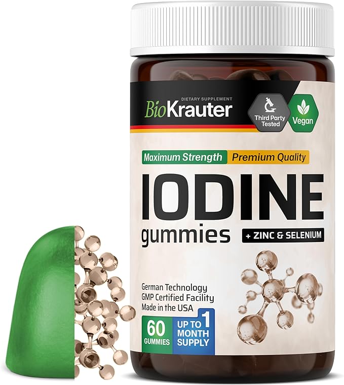 BIO KRAUTER® Iodine with Zinc and Selenium for Thyroid Support - Vegan Potassium Iodide for Antioxidant &amp Immune Support - Selenium Supplements for Women - 60 Gummies Non-GMO Apple Flavor