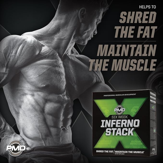 PMD Sports Six Week Inferno Stack - Maximum Strength Fat Burner and CLA Omega Fatty Acid to Lose Fat Fast and Increase Muscle Tone - Arsenal X Inferno/120 Liquid Gels Omega Cuts Elite/180 Softgels