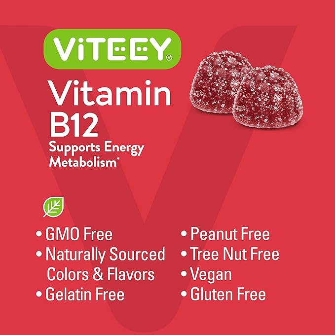 VITEEY Vitamin B12 Gummies - Cognitive Support and Energy Gummies - Vegan Gelatin Free Gluten Free - 60 Count
