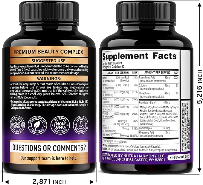 Biotin | Collagen | Hyaluronic Acid | Keratin - Support Normal Hair Growth Cycle Skin &amp Nails - Clinically Tested - 25000mcg Vitamins B1 B2 B3 B6 &amp B7 - for Women &amp Men - Made in USA