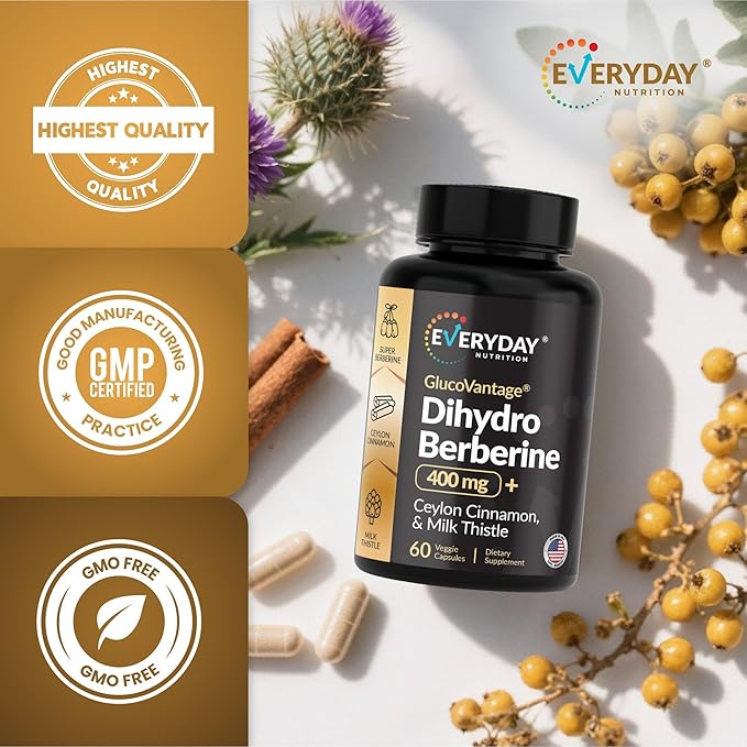 Dihydroberberine GlucoVantage 200mg | Highly Bioavailable Berberine Supplement with Ceylon Cinnamon &amp Milk Thistle | Non-GMO | 60 Veggie Capsules