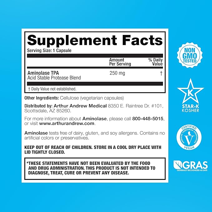 Arthur Andrew Medical - Aminolase TPA Total Protein Assimilation Optimal Protein Absorption and Decreased Gas and Bloating Vegan Non-GMO 30 Capsules