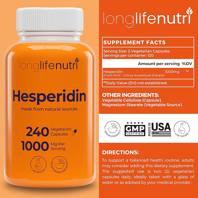 Hesperidin 1000mg 240 Capsules (4 Month Supply) Supports Cardiovascular Health Blood Pressure &amp Circulation Immune Support Potent Antioxidant &amp Vascular Function Benefits Made in USA