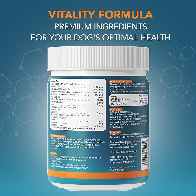 NOVEHA Eye Supplement for Dogs - Vision Support with Lutein + Vitamin C &amp Astaxanthin Antioxidants - Dog Vitamins for Eyes + Fish Oil for Omega 3 EPA - Made in USA - 90 Soft Chews (3 Pack)