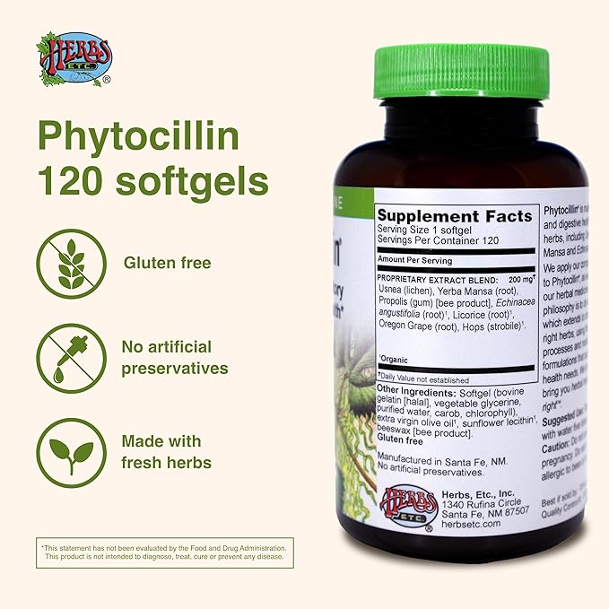 Herbs Etc. Phytocillin - Respiratory &amp Digestive Health Support Supplement - Herbal Formula to Support Digestion - Support Healthy Breathing - 120 Softgels (120 Servings)