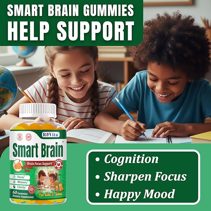 Smart Brain Kids Vitamin Gummies with Omega 3 DHA for Kids &amp Teens-Brain Support Focus Gummies for Kids - Omega 3 Brain Vitamins– Learning &amp Mental Clarity Support– 60 Gummies