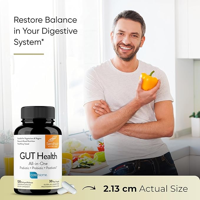 Sandhu's Gut Health - Prebiotic Probiotic Postbiotic &amp L-Glutamine | Digestive Health Colon Probiotic Total Supplements | 120 Delayed Release Capsules